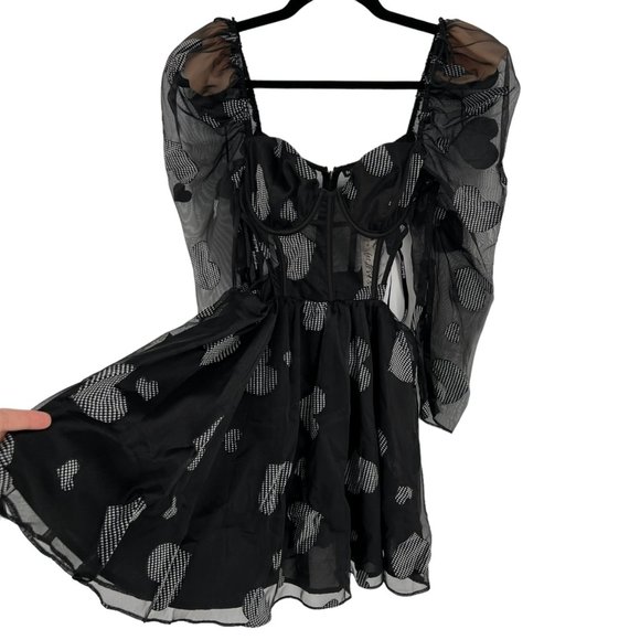 For Love & Lemons Alexandra Long Sleeve Mini Dress Black Hearts Size Small NWT - Picture 3 of 7
